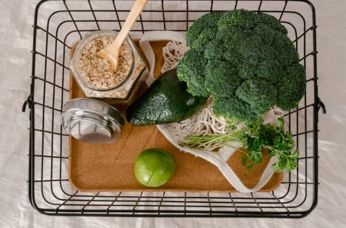 A basket of fresh produce and oats promoting a healthy and sustainable lifestyle.